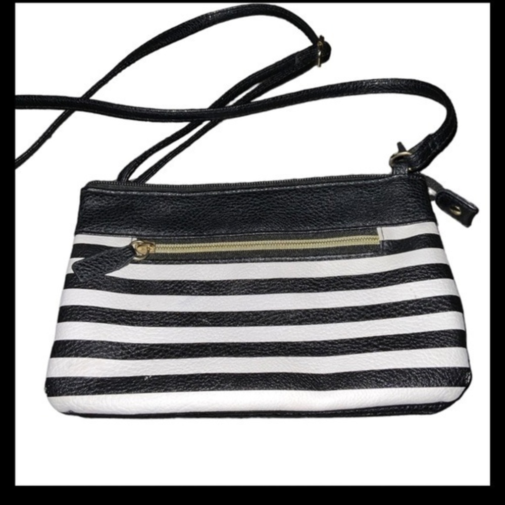 New Black & White Vinyl Striped Crossbody Small 9”X6”